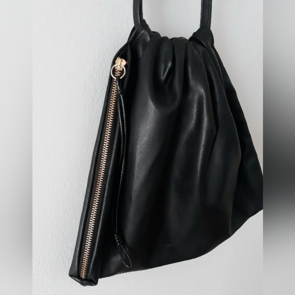 French Connection Black Drawstring Shoulder Bag with Gold Zip
